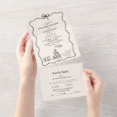 Black Wavy grillige Italiaanse Doodle bruiloft All In One Uitnodiging (Afscheurbaar)