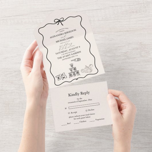 Black Wavy grillige Italiaanse Doodle bruiloft All In One Uitnodiging (Afscheurbaar)