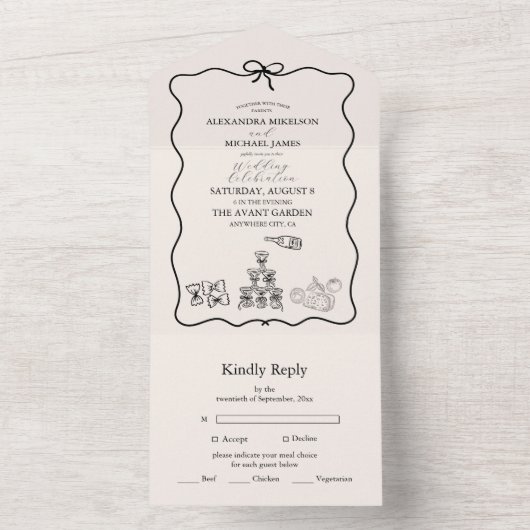 Black Wavy grillige Italiaanse Doodle bruiloft All In One Uitnodiging (Binnen)