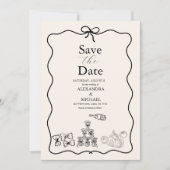 Black Wavy grillige Italiaanse Doodle bruiloft Save The Date (Voorkant)