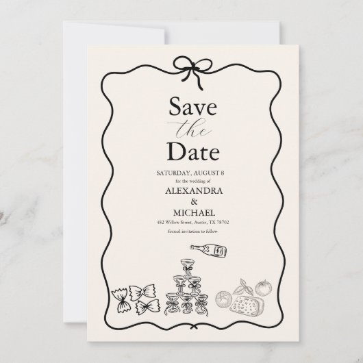 Black Wavy grillige Italiaanse Doodle bruiloft Save The Date (Voorkant)