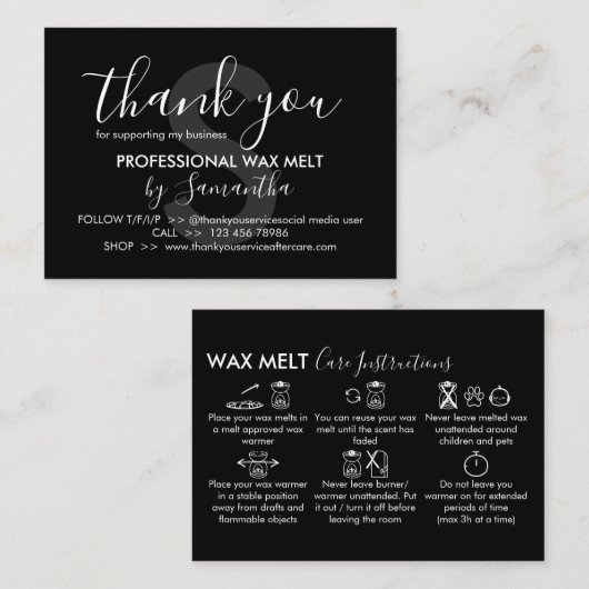 Black Wax Smelt Care instructies Bedankt Visitekaartje (Voorkant / Achterkant)