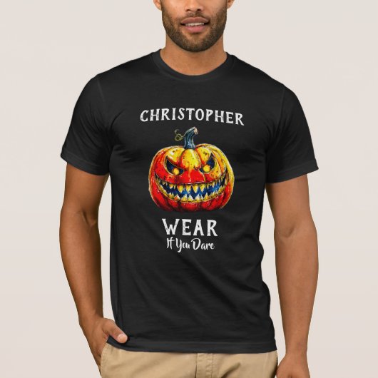 Black Wear if you dare Halloween Smiling Pumpkin T-shirt (Voorkant)
