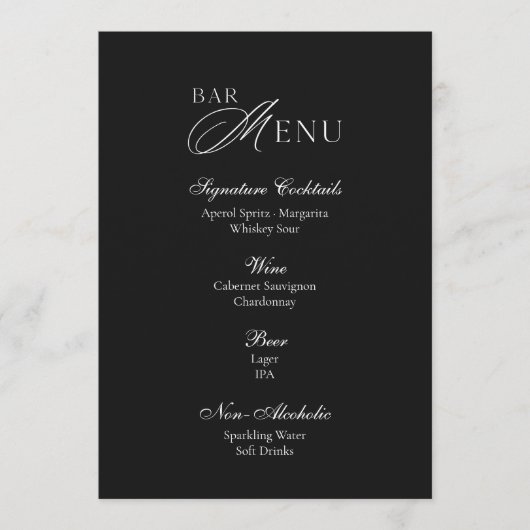 Black Wedding Bar Menu Sign Kaart (Voorkant)