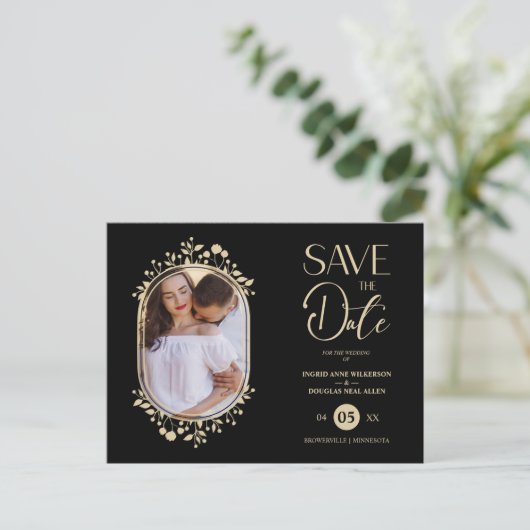 Black Wedding Fancy Ornament Frame Flowers Photo Aankondigingskaart (Staand voorkant)
