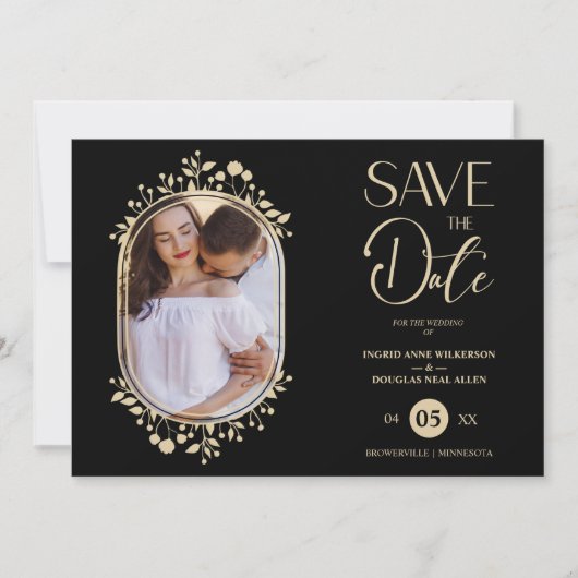 Black Wedding Fancy Ornament Lijst Flowers Foto Save The Date (Voorkant)