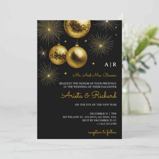 Black wedding invitation with gold text kaart (Staand voorkant)