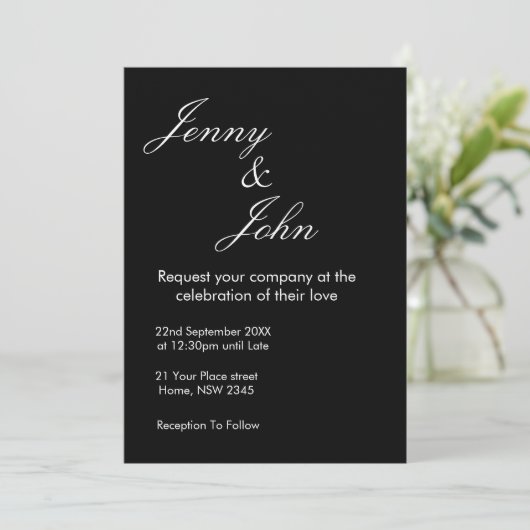 Black Wedding Invitation with White Text | Elegant Kaart (Staand voorkant)