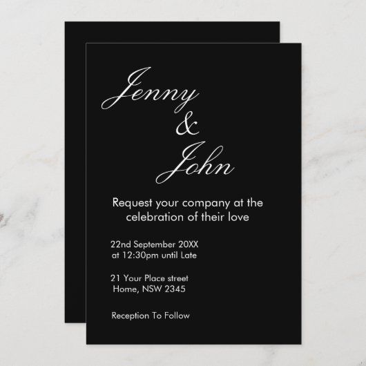 Black Wedding Invitation with White Text | Elegant Kaart (Voorkant / Achterkant)