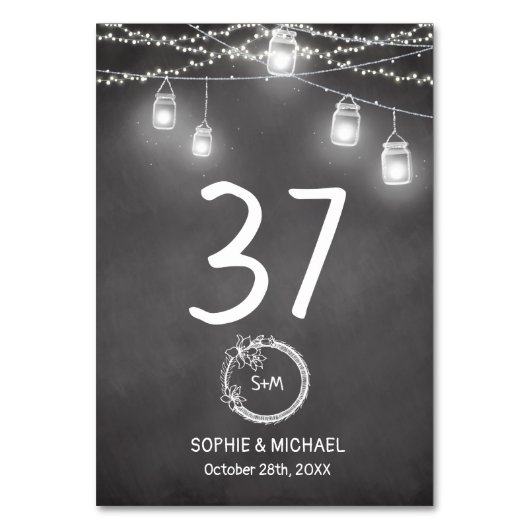 Black Wedding Mason Jar Table Number Kaart (Voorkant)