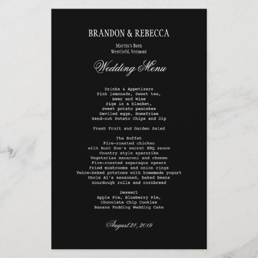 Black Wedding Menu White Text Sjabloon (Voorkant)