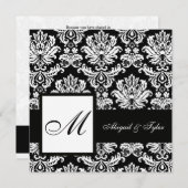 Black Wedding Monogram Damask Uitnodiging (Voorkant / Achterkant)