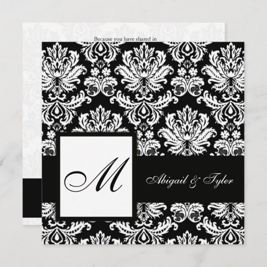 Black Wedding Monogram Damask Uitnodiging (Voorkant / Achterkant)