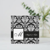 Black Wedding Monogram Damask Uitnodiging (Staand voorkant)