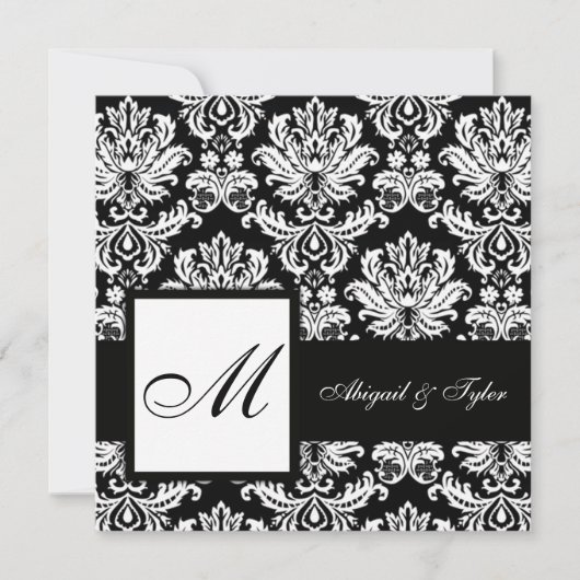 Black Wedding Monogram Damask Uitnodiging (Voorkant)