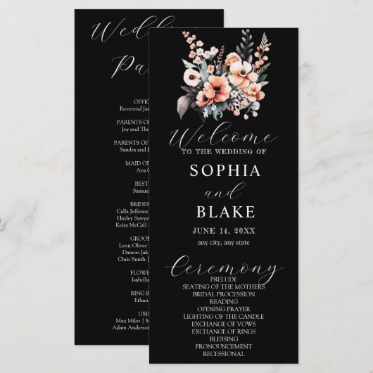 Black Wedding Programme White and Blush Flowers (Voorkant / Achterkant)