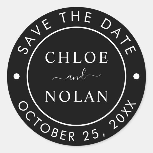 Black Wedding Save the Date Modern Script Ronde Sticker (Voorkant)