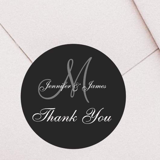 Black Wedding Thank You Monogram Names Ronde Sticker