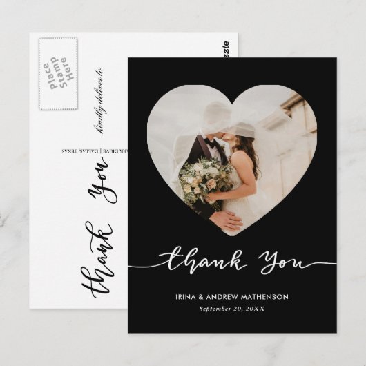 Black Wedding Thank You Script Heart Photo Briefkaart (Voorkant / Achterkant)