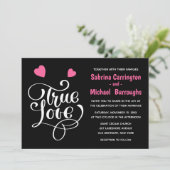 Black Wedding True Love Pink Hearts Typografie Kaart (Staand voorkant)