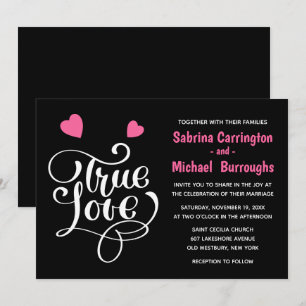 Black Wedding True Love Pink Hearts Typografie Kaart