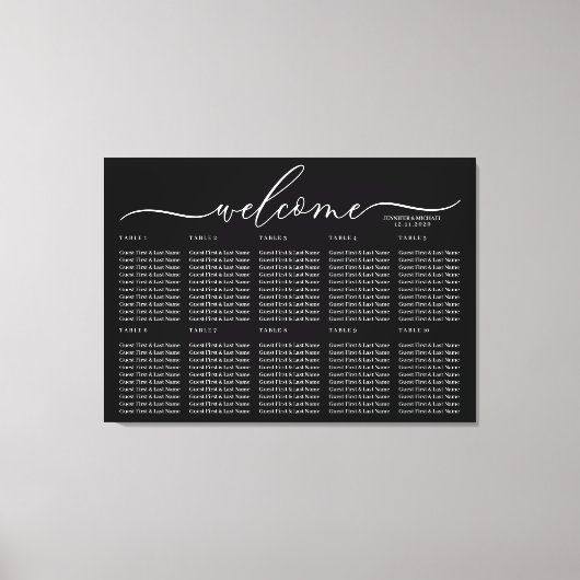 Black Wedding Welcome Seating Table Numbers Canvas Afdruk (Voorkant)