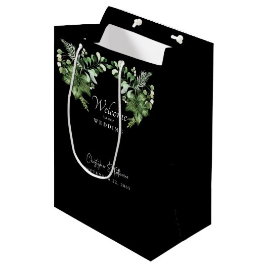 Black Wedding Welkom Greenery Favoriet Medium Cadeauzakje (Voorkant Gekanteld)