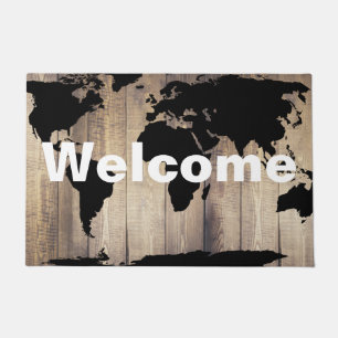 Black Wereldkaart Rustic Wood Planks Welkom Deurmat