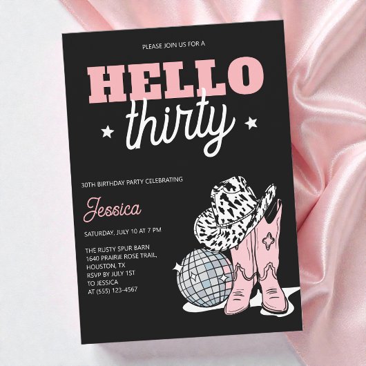 Black Western Disco Cowgirl 30th Birthday Party Kaart