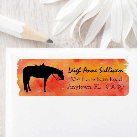 Black Western Horse Silhouette op Waterverf Etiket (Insitu)