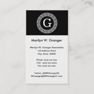 Black WhGreek Key Rnd Lijst Initiaal Monogram Visitekaartje