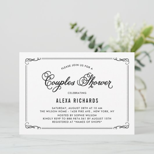 Black Whimsical Borders Couples Shower Invitation Kaart (Staand voorkant)