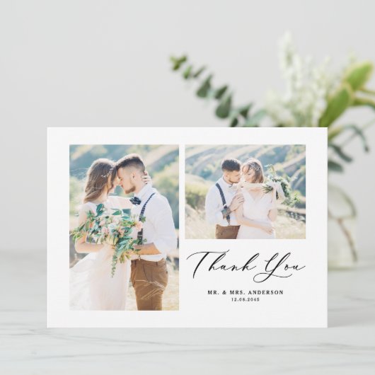 Black Whimsical Calligraphy Photo Collage Wedding Bedankkaart (Staand voorkant)