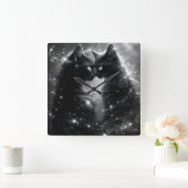 Black Whimsical Cat Clock Vierkante Klok (Huis)