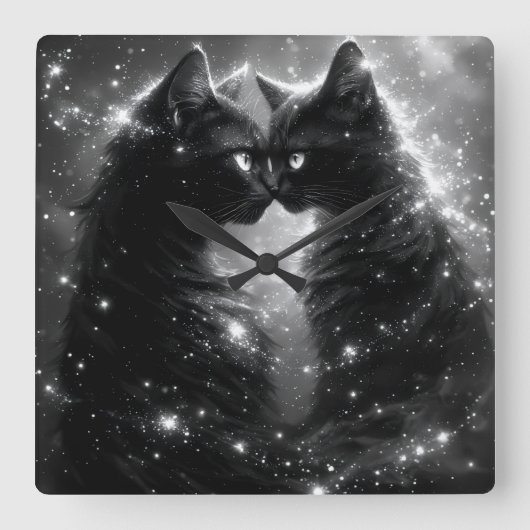 Black Whimsical Cat Clock Vierkante Klok (Voorkant)