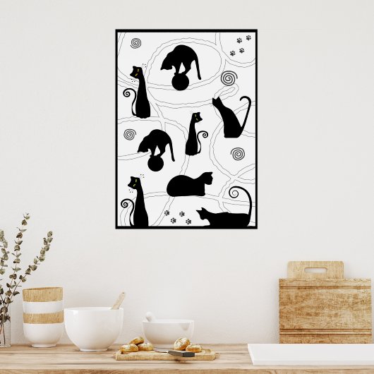Black Whimsical Cats Poster (Keuken)