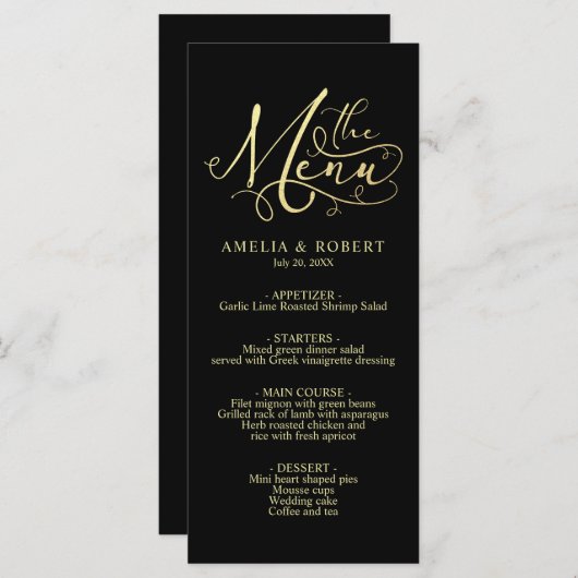 Black Whimsical Elegant Gold Calligraphy Menu (Voorkant / Achterkant)