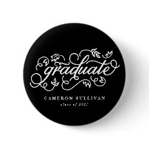 Black Whimsical Floral Script Afstuderen Button