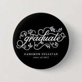 Black Whimsical Floral Script Afstuderen Button