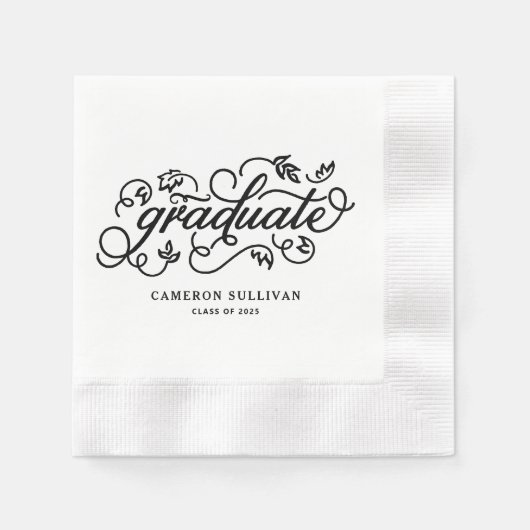 Black Whimsical Floral Script Afstuderen Servet (Voorkant)