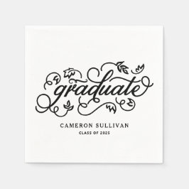 Black Whimsical Floral Script Afstuderen Servet