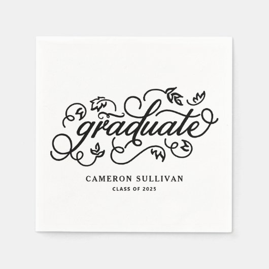 Black Whimsical Floral Script Afstuderen Servet (Voorkant)