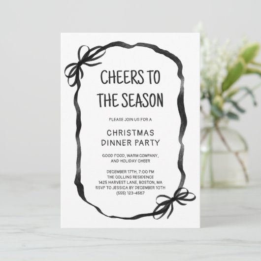 Black Whimsical Hand Drawn Christmas Dinner Party Kaart (Staand voorkant)
