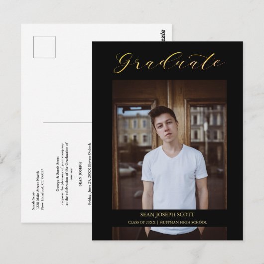 Black Whimsical Modern Calligraphy Foto Afstuderen Briefkaart (Voorkant / Achterkant)