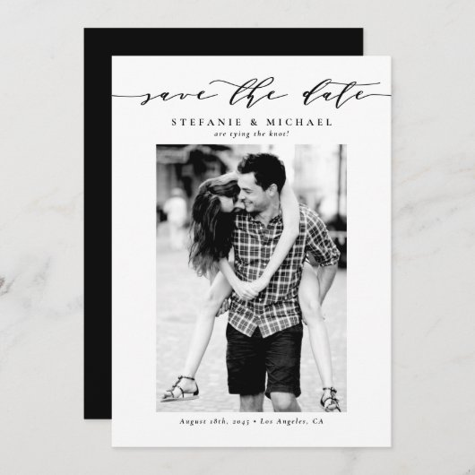 Black Whimsical Script Photo Save The Date (Voorkant / Achterkant)