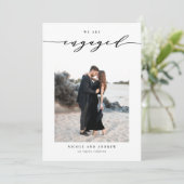 Black Whimsical Script Photo Verloving Aankondiging (Staand voorkant)