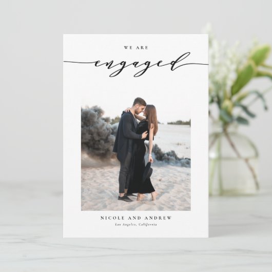 Black Whimsical Script Photo Verloving Aankondiging (Staand voorkant)