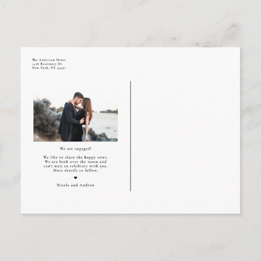 Black Whimsical Script Photo Verloving Aankondigingskaart (Achterkant)