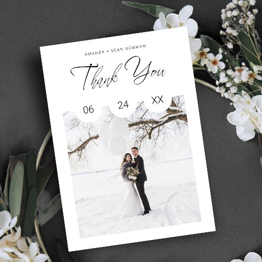 Black Whimsical Script Typography Photo Wedding Bedankkaart
