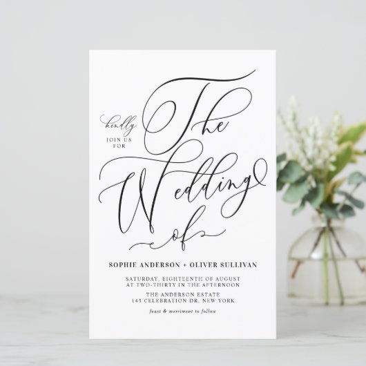 Black Whimsical Script Wedding Invitation (Staand voorkant)